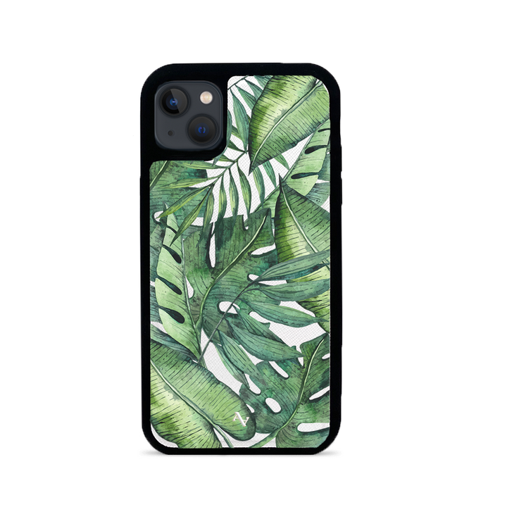 MAAD Tropical Plants Creta iPhone 13 Leather Case in vegan saffiano leather with a soft rubber rim, showcasing personalization options.